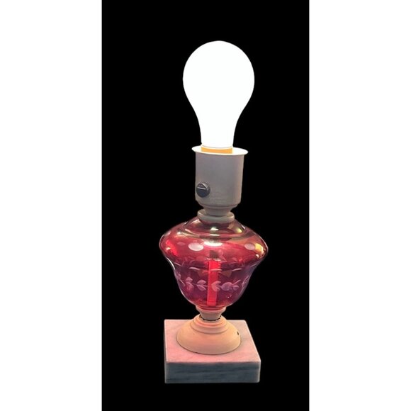 N/A Other - Vintage Red Glass Accent Table Lamp With White Floral Etching & Marble Base 9" T